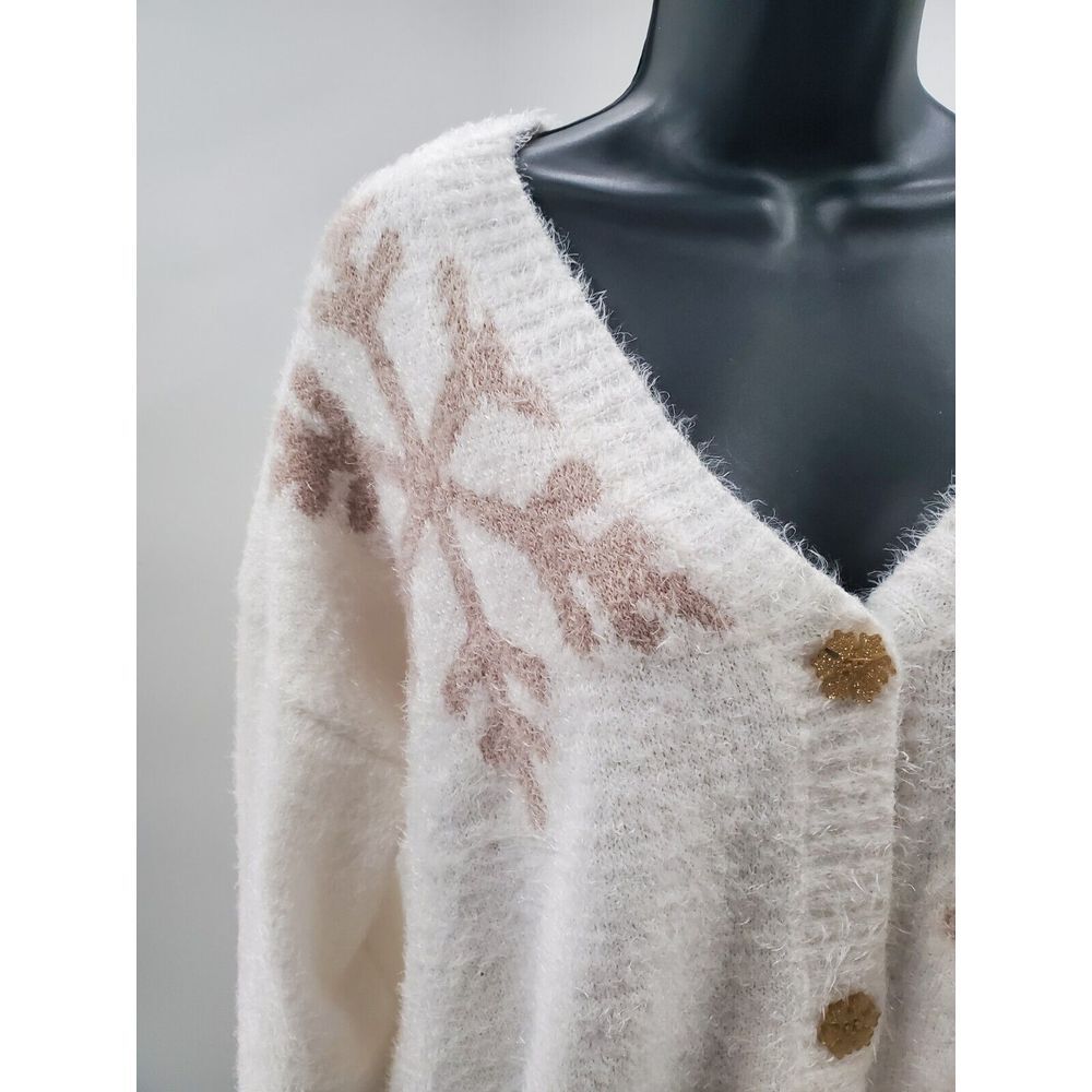 33 Degrees Women's Long Sleeve V-Neck Button Up Snowflake Cardigan XL